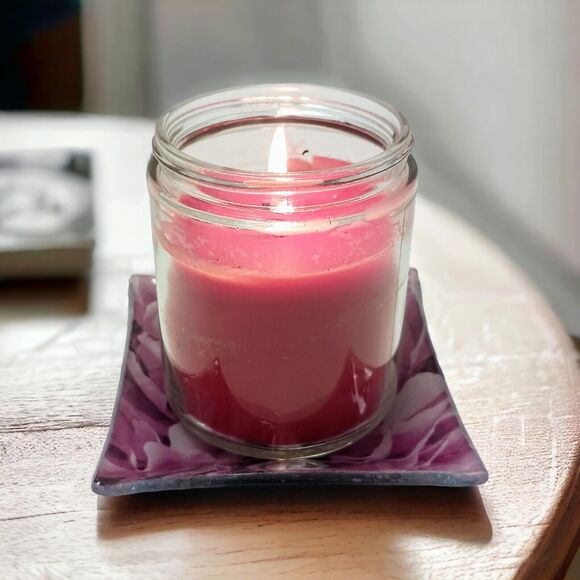 Glass Candle Drip Dish Plate 4" ROSE PETALS Violet Pink Square Romantic Vintage - Picture 2 of 16